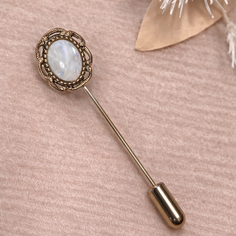 Vintage Opal Glass Stick Pin Gold Tone Oval Cabochon Lapel Pin